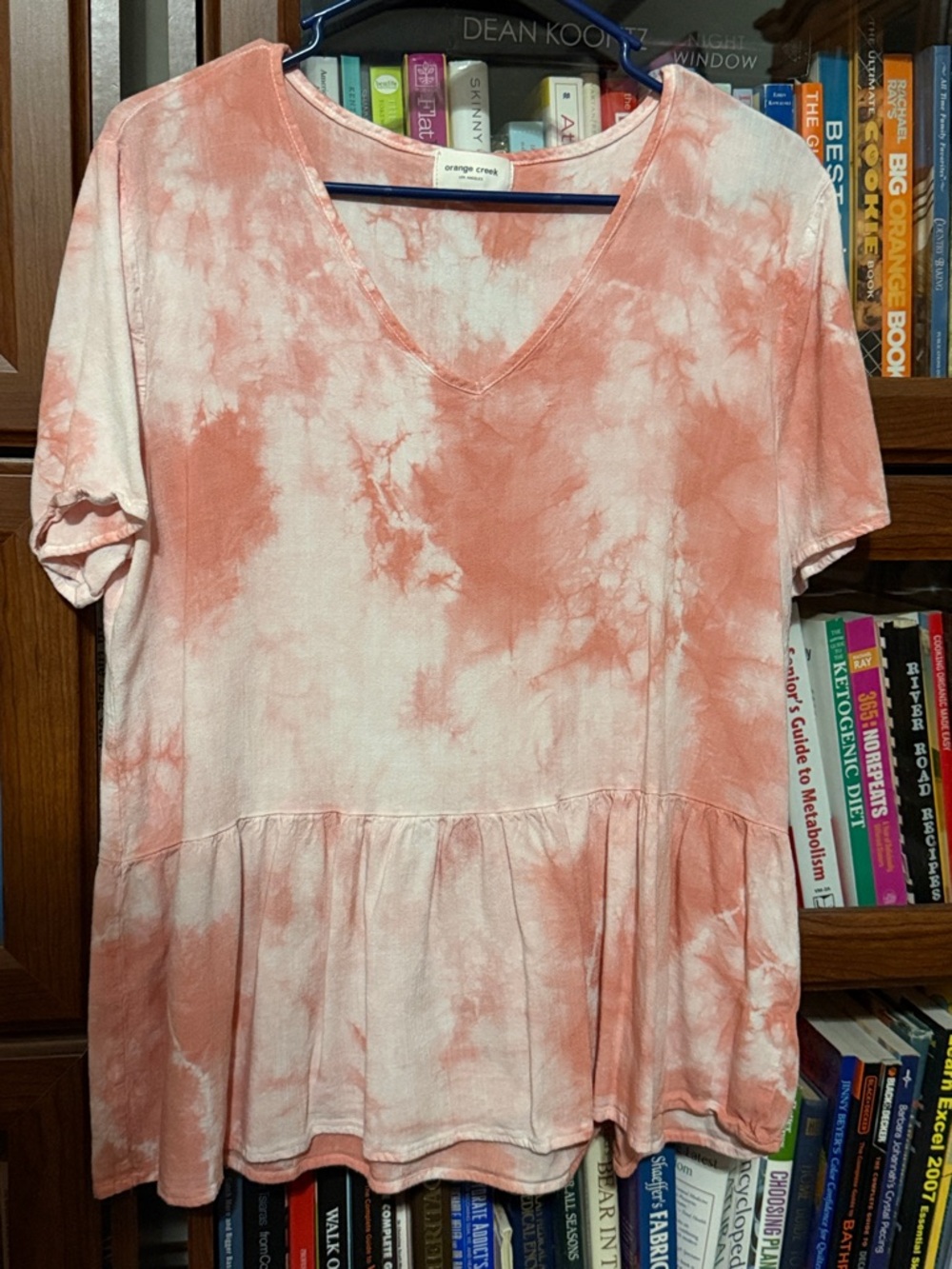 Orange Creek Tie-Dye Peplum or Babydoll Top. Orange/Peach & white tie-dye XL
